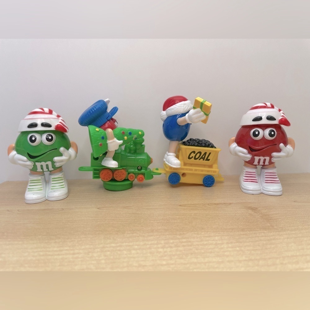 2 M&M Christmas Candy Dispenser and 2 Christmas Trains Toys Bundle